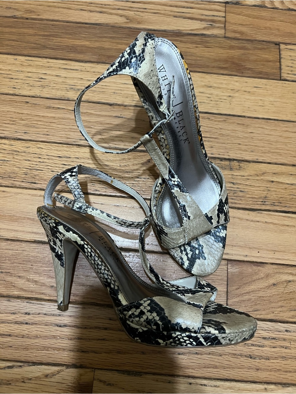 White House Black Market Snake-Print Stiletto Sandals in Taupe and Black